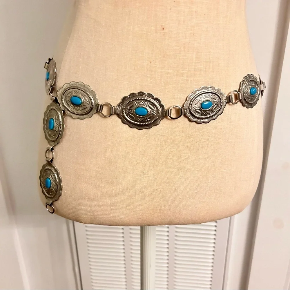 Silver and faux Turquoise Concho adjustable Belt